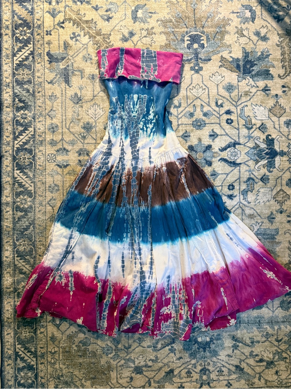 Solitaire Strapless Tie-Dye Maxi Dress in Pink, Teal & Brown